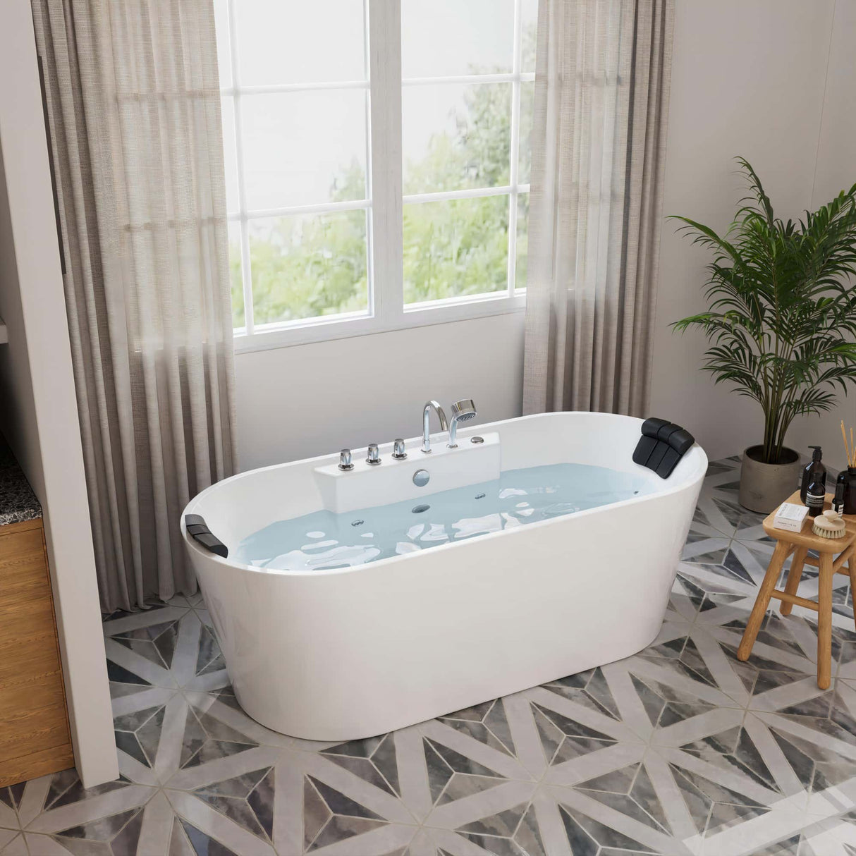 Empava 67AIS01 freestanding hydromassage oval double-ended bathtub in a serene bathroom setting at Aurora Sanctuary