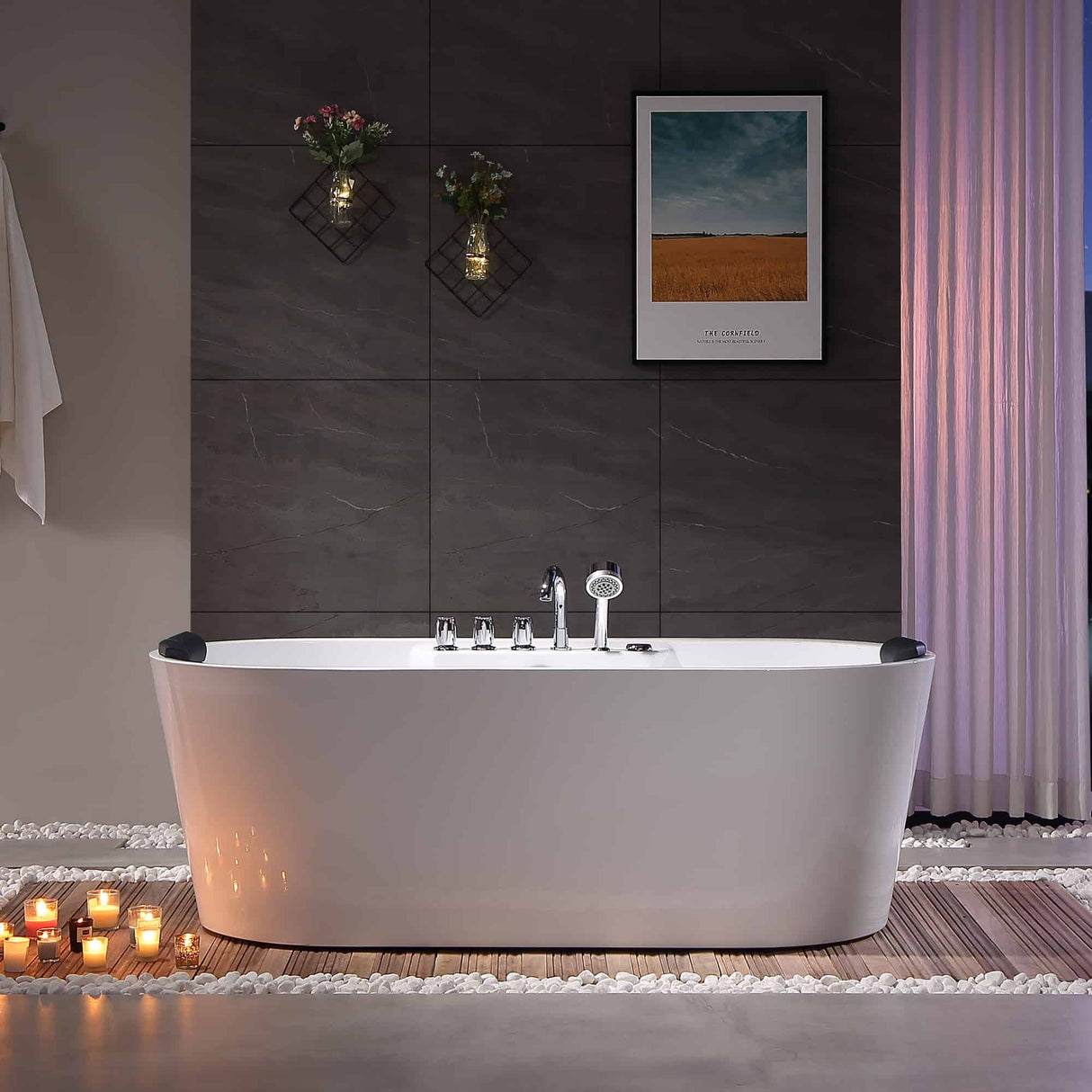 Empava 67AIS01 Freestanding Hydromassage Oval Double-Ended Bathtub in a serene setting at Aurora Sanctuary