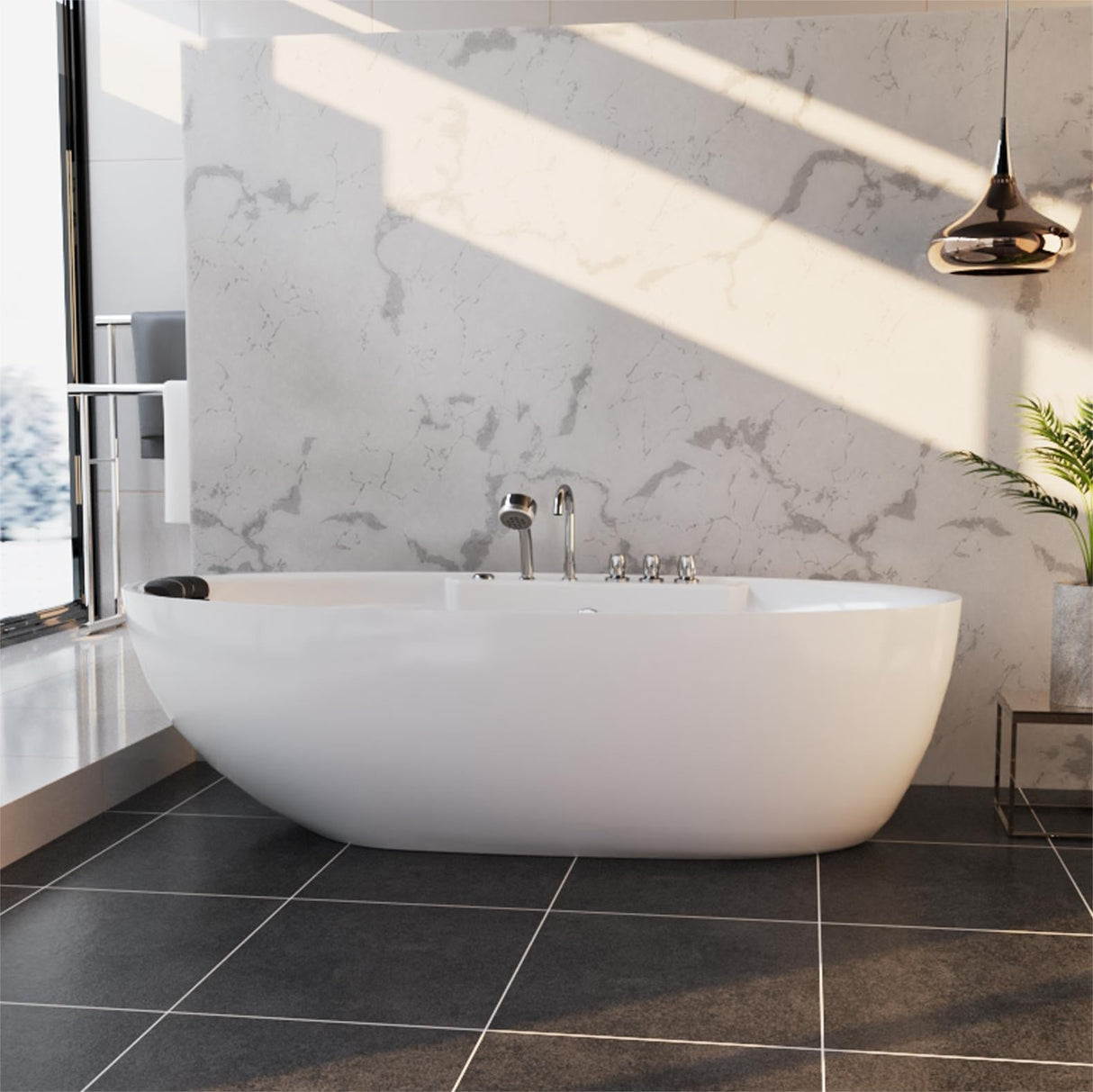 Empava 67AIS13 67-Inch Freestanding Acrylic Oval Bathtub in a luxurious bathroom setting at Aurora Sanctuary