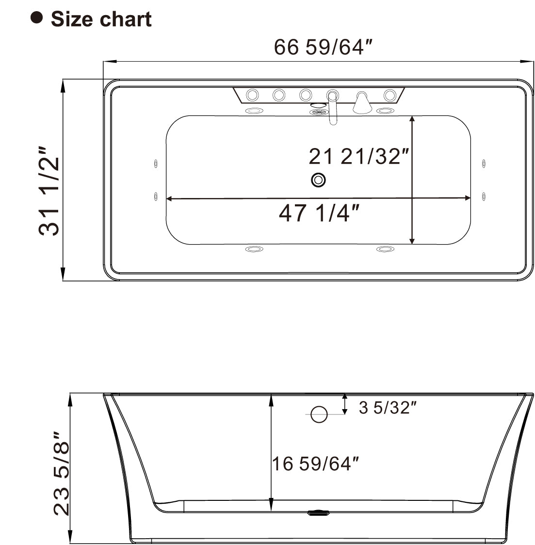 Empava 67 Freestanding Whirlpool Acrylic Hydromassage Bathtub - Rectangular Double-Ended Design with Hydromassage Jets