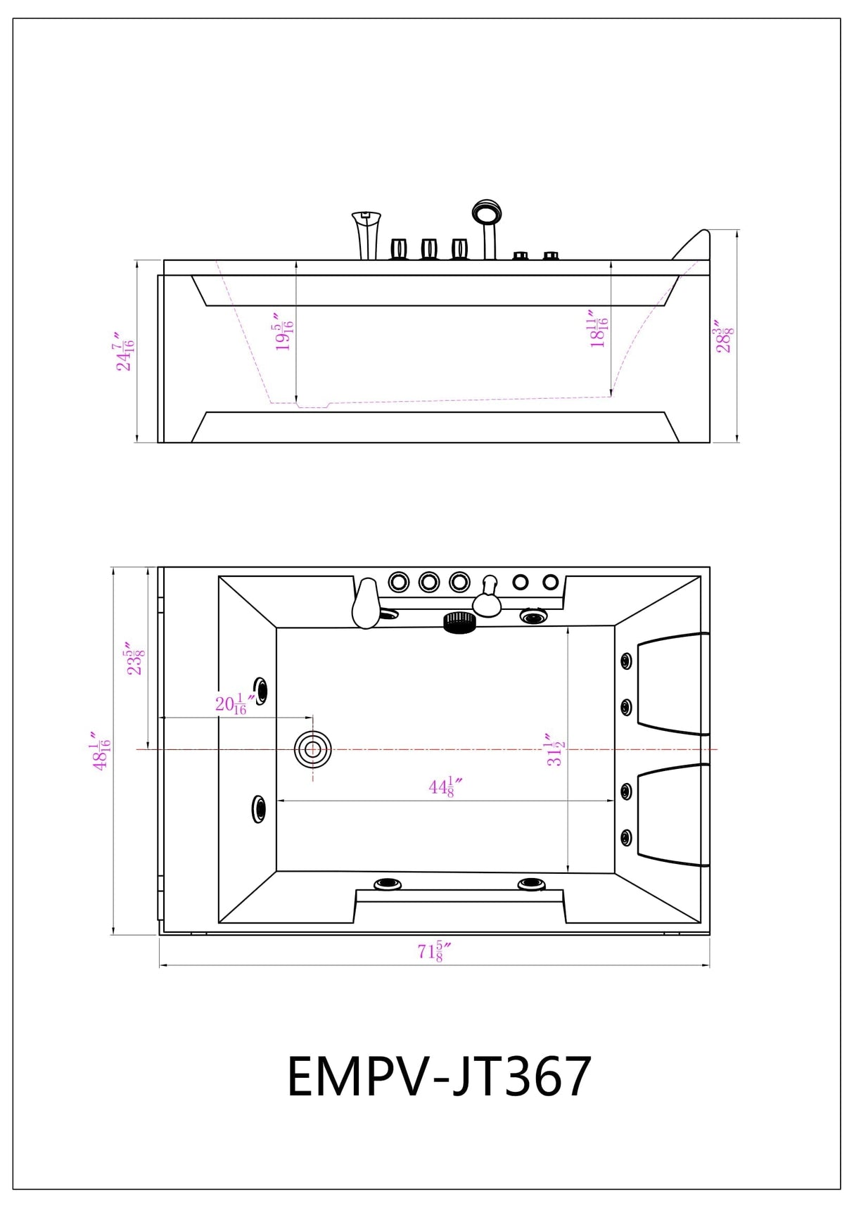 Empava 72JT367LED: 72-Inch Whirlpool Luxury 2-Person Hydromassage Acrylic Rectangular Bathtub - Relaxing Home Spa Experience