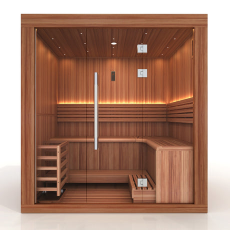 Golden Designs 2025 Copenhagen Edition 3-Person Sauna at Aurora Sanctuary - Luxurious and spacious sauna for three people, ideal for relaxation and wellness. Experience the ultimate comfort and rejuvenation in this stylish sauna.