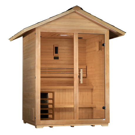 Golden Designs Arlberg 3-Person Outdoor Sauna at Aurora Sanctuary - Relax and rejuvenate in this luxurious outdoor sauna designed for three people in a serene sanctuary setting