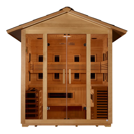 Golden Designs "Gargellen" 5 Person Hybrid PureTech™ Full Spectrum IR or Traditional Stove Outdoor Sauna - Canadian Hemlock