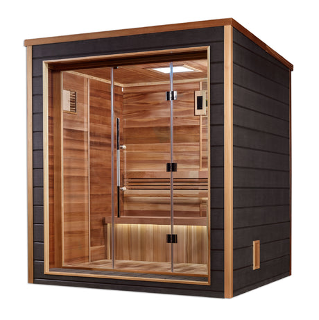 Golden Designs Drammen 3-Person Sauna showcased at Aurora Sanctuary, premium relaxation experience