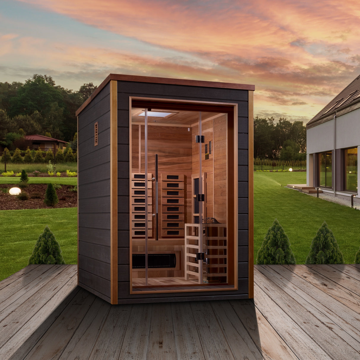 Golden Designs Nora 2 Person Outdoor-Indoor PureTech™ Hybrid Full Spectrum Sauna GDI-8222-01 - Canadian Red Cedar Interior