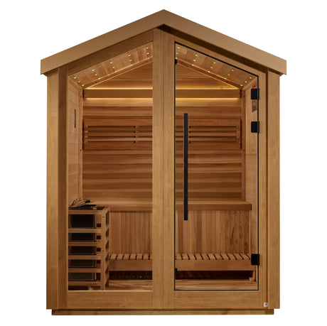 Beautiful outdoor traditional sauna featuring Canadian Red Cedar interior, ideal for relaxation and rejuvenation