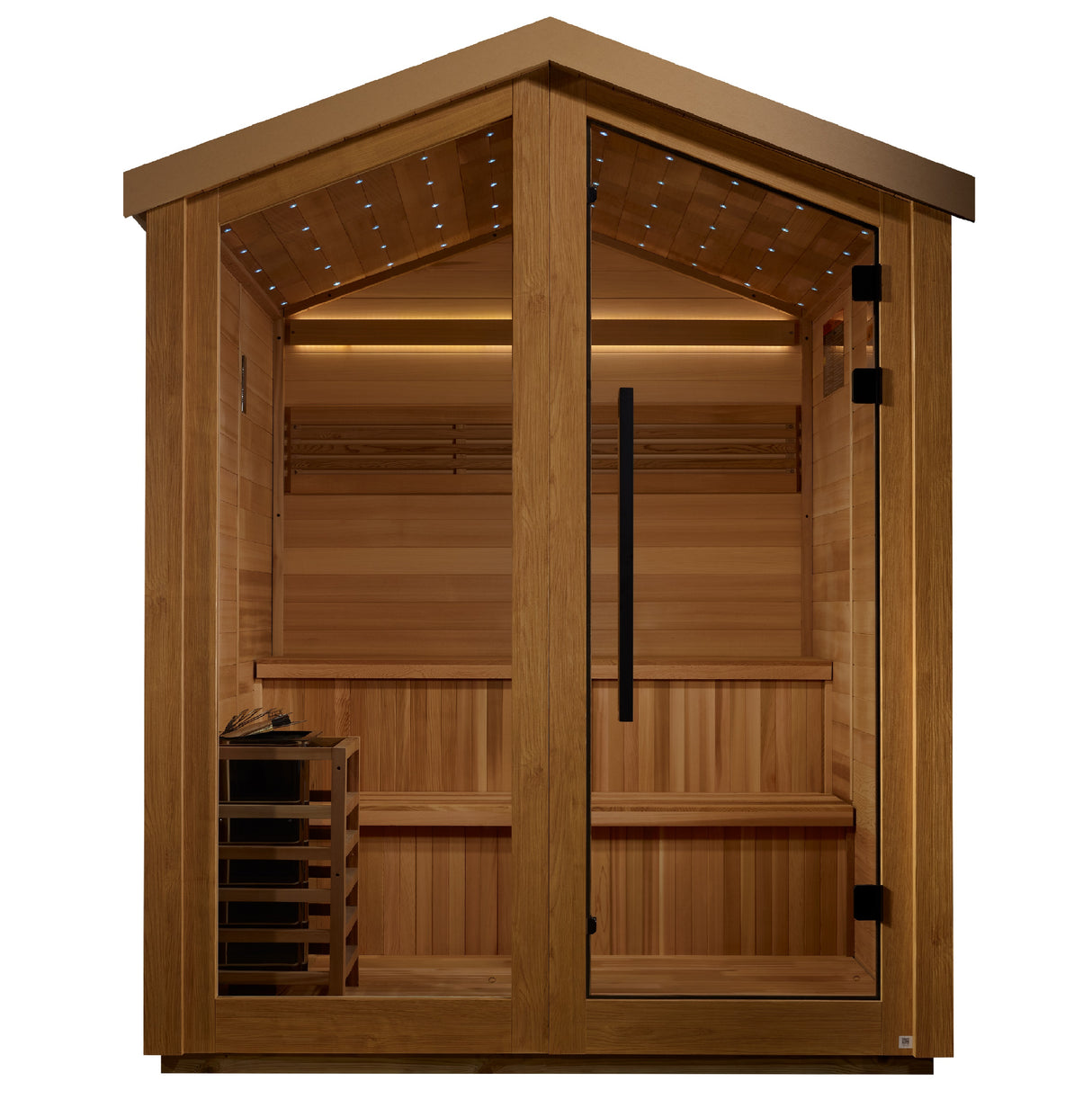 Golden Designs Kaarina Outdoor Sauna - Canadian Red Cedar Interior in a luxurious outdoor setting