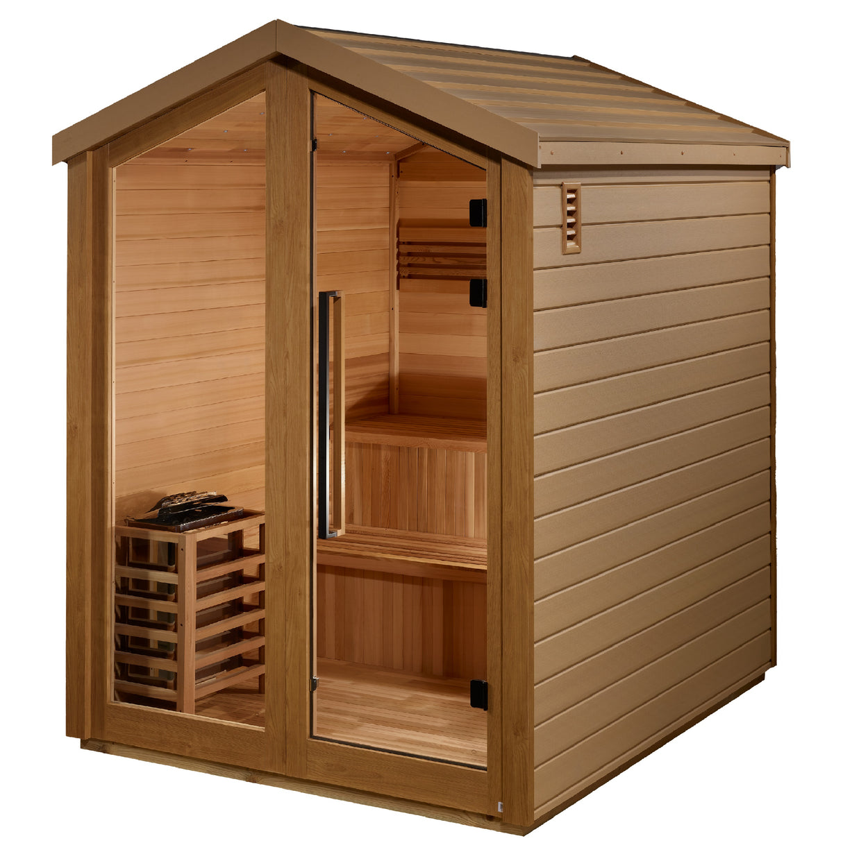 Golden Designs Kaarina Outdoor Sauna showcasing luxurious Canadian Red Cedar interior - Aura Sanctuary