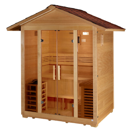 Golden Designs 5-Person Outdoor Sauna in a tranquil setting at Aurora Sanctuary