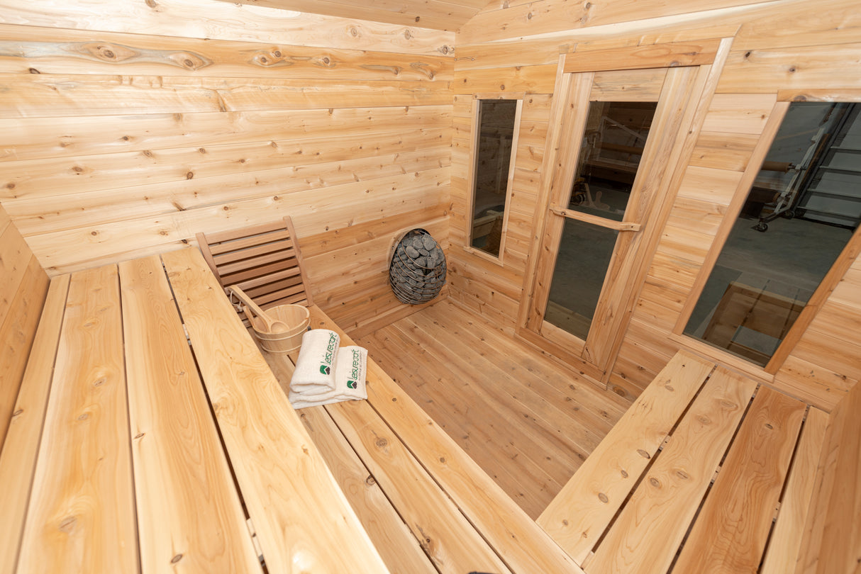 Image of Dundalk Leisurecraft Canadian Timber 6-Person Georgian Cabin Sauna, perfect for relaxation and outdoor enjoyment