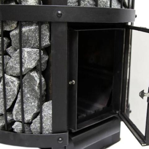 Harvia Wood Burning Sauna Stove | Legend 240 GreenFlame 15.9kW Sauna Wood Burning Heater with an open door to place wood into the sauna