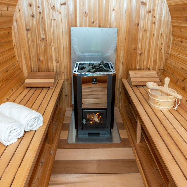 Dundalk Leisurecraft 4-Person Serenity MP Barrel Sauna at Aurora Sanctuary - Experience relaxation and luxury with this premium sauna option.