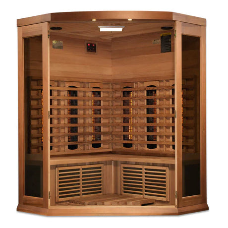 Maxxus 3-Person Corner Infrared Sauna with Near Zero EMF from Aurora Sanctuary - Relax and Detoxify in Style