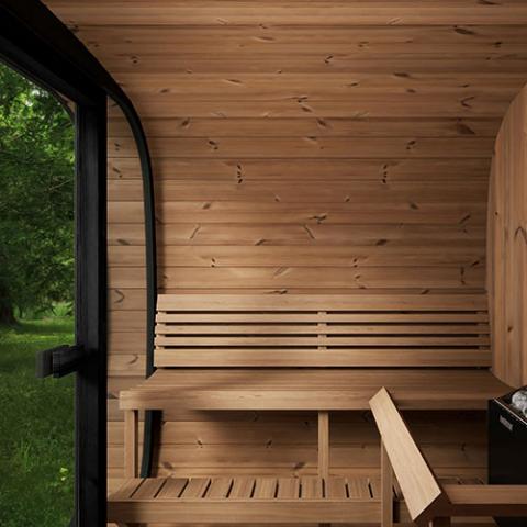 SaunaLife Luxury 6 person Outdoor Sauna with premium glass front inside view with bench and glass door