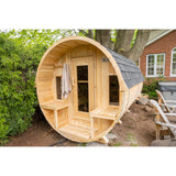 Exterior view of Dundalk Leisurecraft 6-Person Barrel Sauna with Shingle Roof, ideal for relaxation and wellness at Aurora Sanctuary