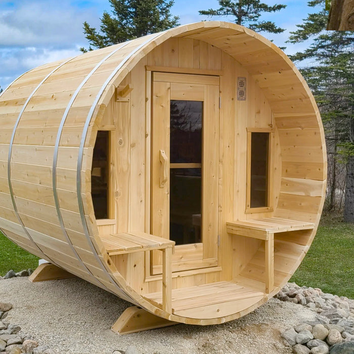 Experience ultimate relaxation with the Dundalk Leisurecraft 6-Person Barrel Sauna at Aurora Sanctuary - luxurious outdoor sauna for tranquility and rejuvenation