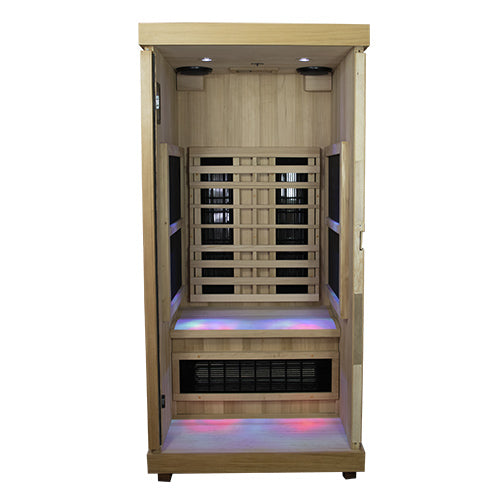 Explore the Finnmark FD-1 Full Spectrum 1-Person Infrared Sauna interior view at Aurora Sanctuary