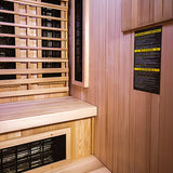 Interior view of Finnmark FD-4 Trinity Infrared Steam Sauna featuring benches - Aurora Sanctuary