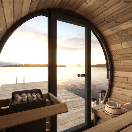 SaunaLife Elegance Series: 4-Person Barrel Sauna interior view at Aurora Sanctuary