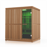 Experience the ultimate relaxation with the Finnmark Trinity XL Infrared Steam Sauna Combo at Aurora Sanctuary - a combination of traditional and infrared sauna with a reflection effect - left view in green